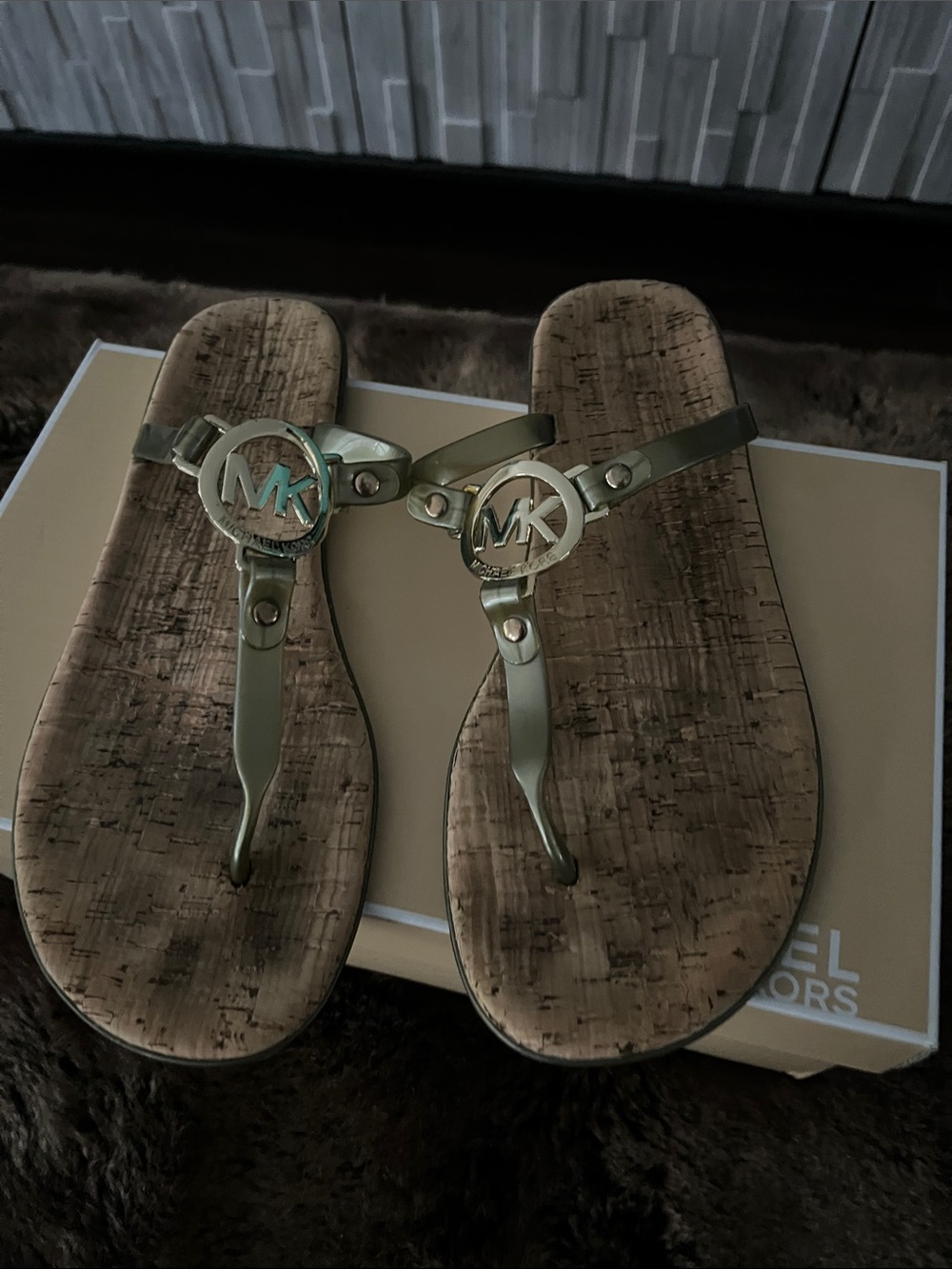 Michael Kors gold Thong Sandals with Silver MK Medallion